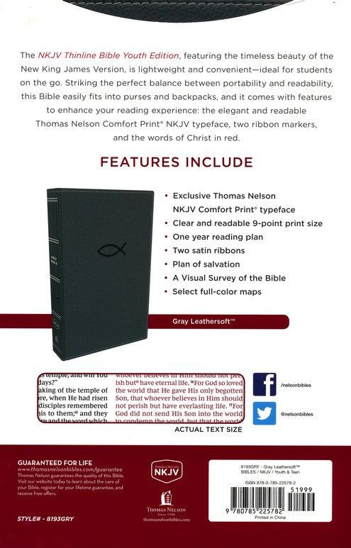 NKJV Thinline Comfort Print Youth Bible--Leathersoft
