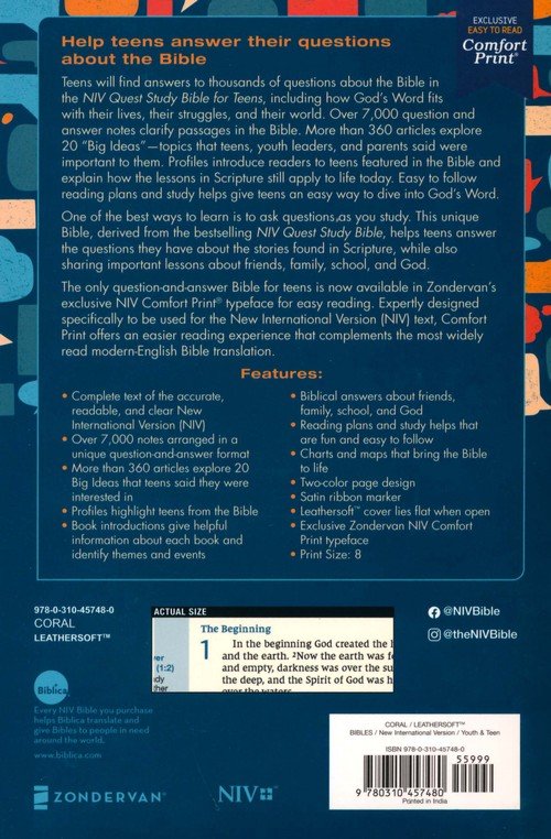 NIV Quest Study Bible for Teens, Comfort Print--Leathersoft, coral