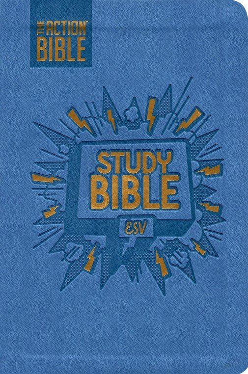 The Action Bible Study Bible ESV, Leathersoft, Blue, Full Color, Leathersoft