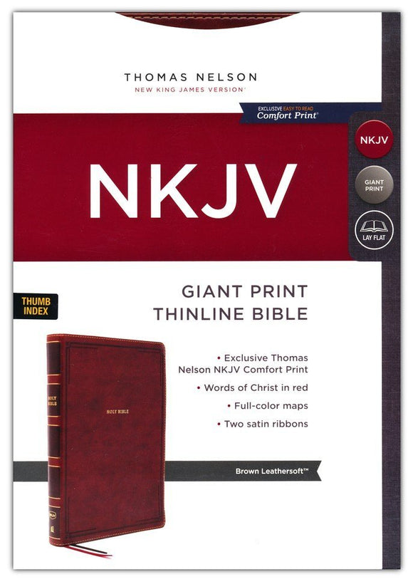 NKJV, Thinline Bible, Giant Print, Leathersoft, Red Letter Edition, Comfort Print, Brown