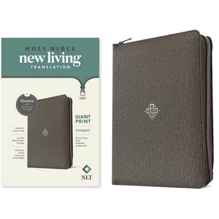 NLT Compact Bible- Giant Print- Woven cross, gray with zipper