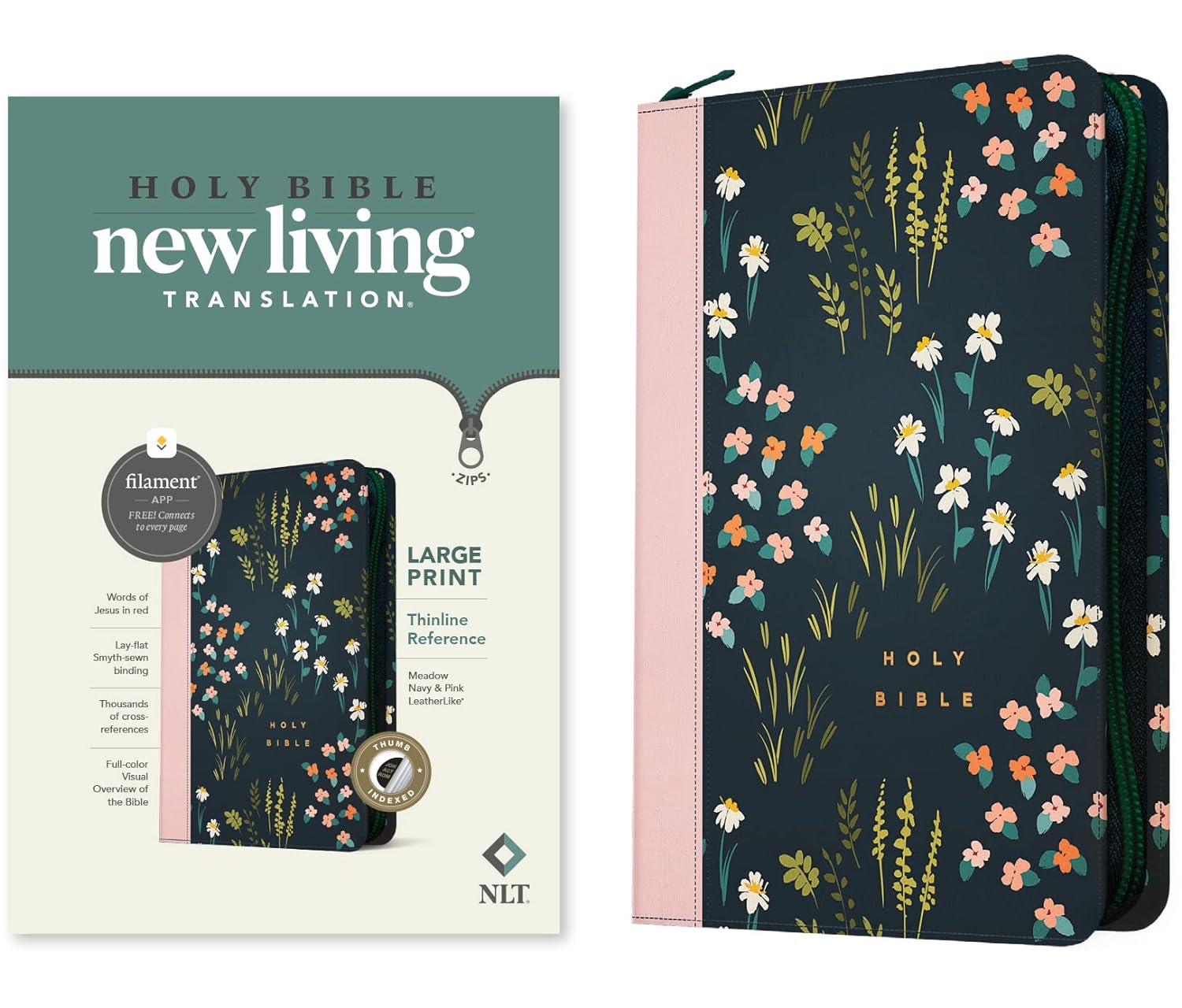 NLT Large Print Thinline Reference Indexed Zipper Bible, Filament-Enabled Edition LeatherLike, Meadow Navy & Pink , Red Letter