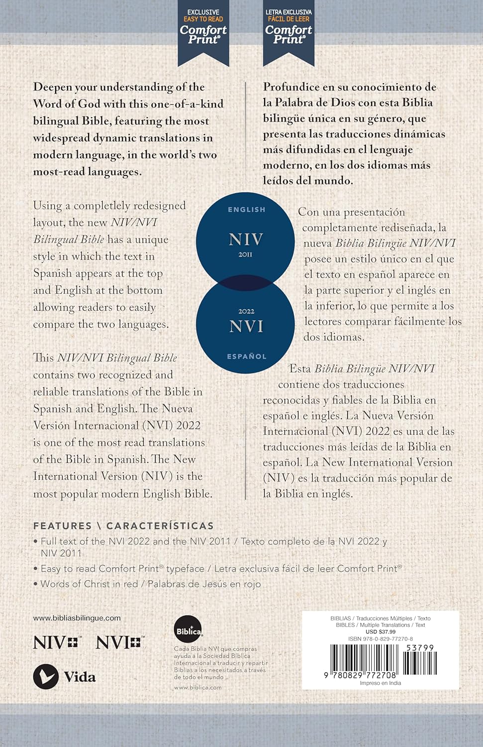 NIV/NVI, Bilingual Bible, Revised Text 2022, Hardcover / NIV/NVI, Biblia Bilingüe, Revisión 2022, Tapa dura (Spanish Edition)