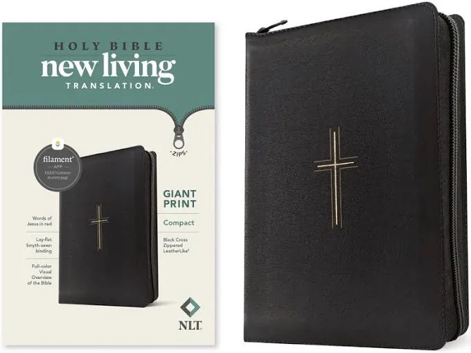 NLT Giant Print Compact Zipper Bible, Filament-Enabled Edition--soft Leather like, black cross