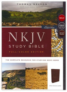 NKJV Comfort Print Study Bible Full-Color Edition, Thumb Index, Brown Calfskin Leather