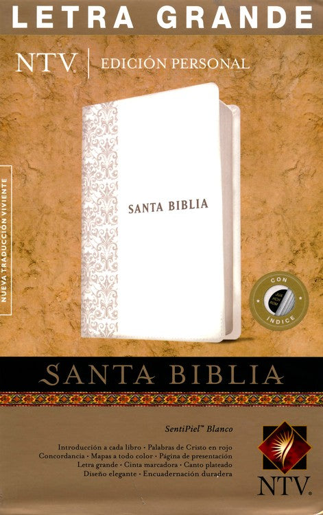 NTV Santa Biblia edicion personal letra grande, NTV Personal Size Large Print Bible, Imitation Leather, White with Thumb Index.
