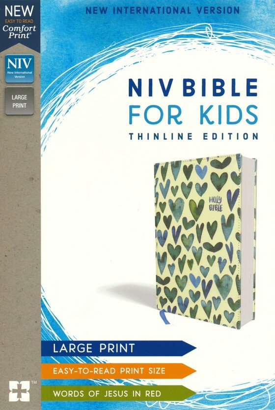 NIV Comfort Print Bible for Kids, Large Print, Cloth over Board, Turquoise Hearts